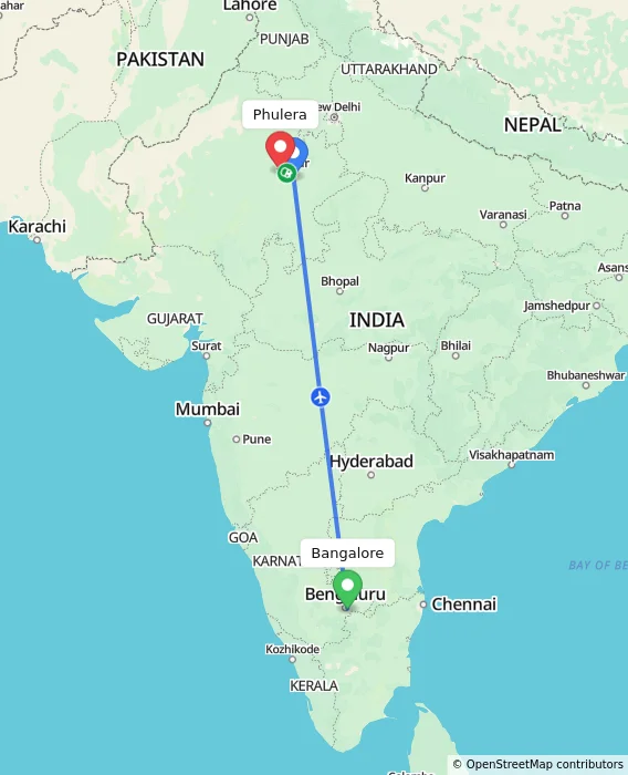 Route map showing distance and travel time from Bangalore, India to Phulera, India