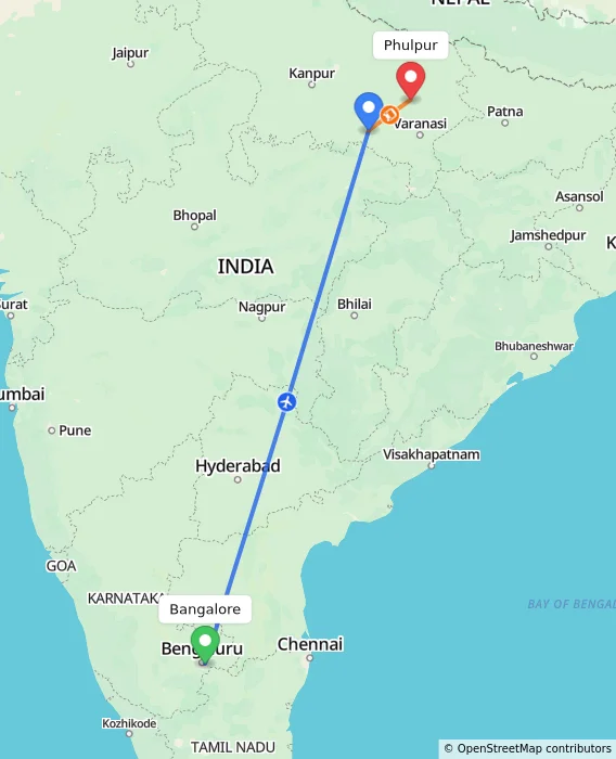Route map showing distance and travel time from Bangalore, India to Phulpur, India