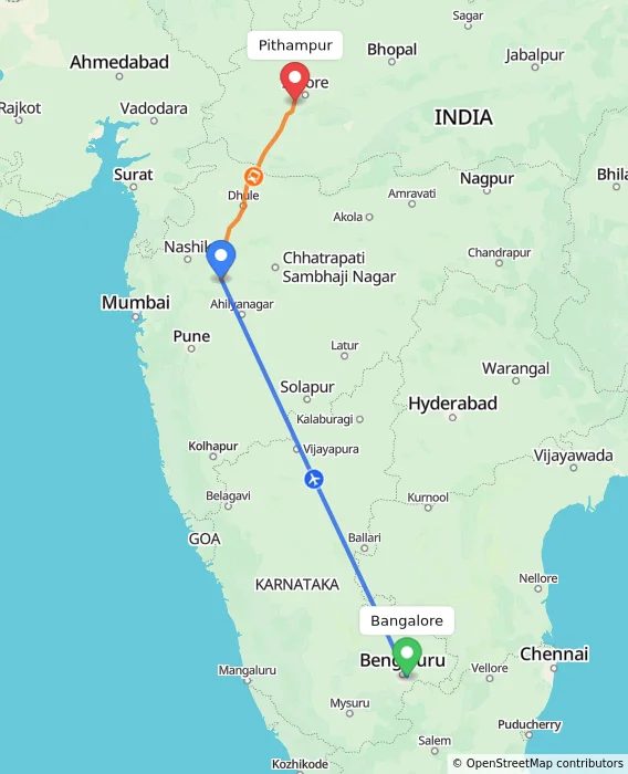 Route map showing distance and travel time from Bangalore, India to Pithampur, India