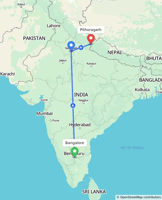 Route map showing distance and travel time from Bangalore, India to Pithoragarh, India