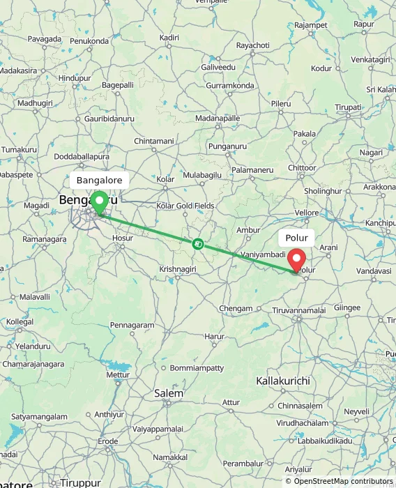 Route map showing distance and travel time from Bangalore, India to Polur, India