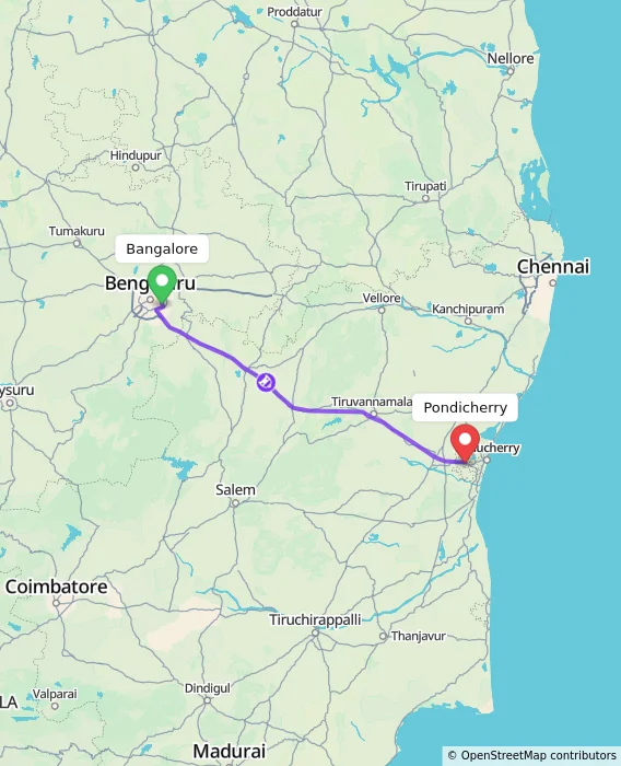 Route map showing distance and travel time from Bangalore, India to Puducherry, India
