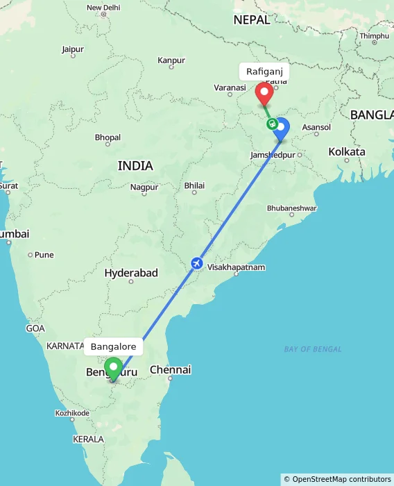 Route map showing distance and travel time from Bangalore, India to Rafiganj, India