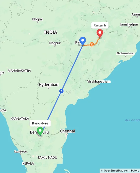 Route map showing distance and travel time from Bangalore, India to Raigarh, India