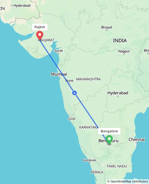 Route map showing distance and travel time from Bangalore, India to Rajkot, India