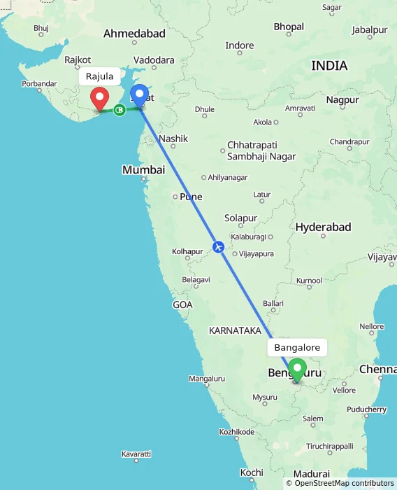 Route map showing distance and travel time from Bangalore, India to Rajula, India