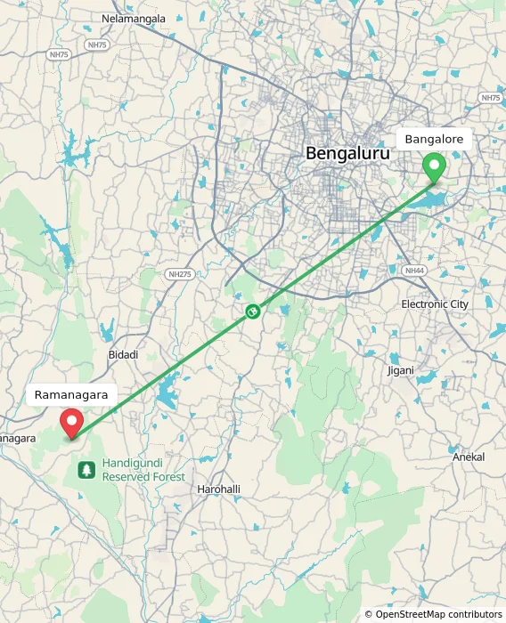 Route map showing distance and travel time from Bangalore, India to Ramanagara, India