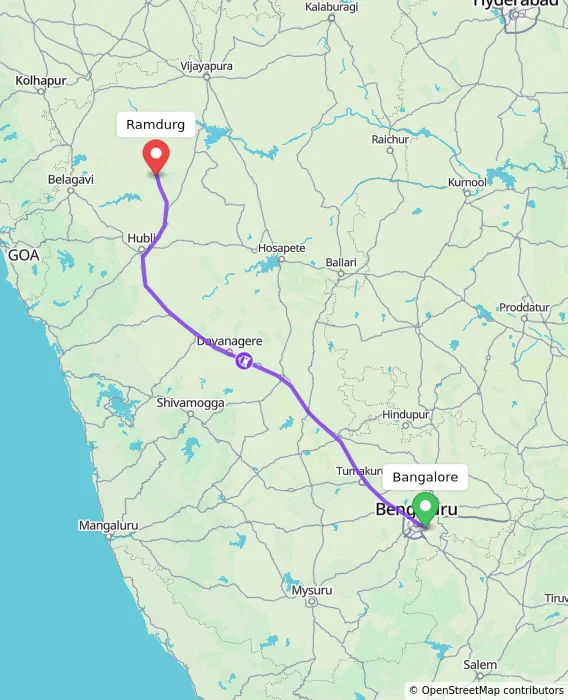Route map showing distance and travel time from Bangalore, India to Ramdurg, India