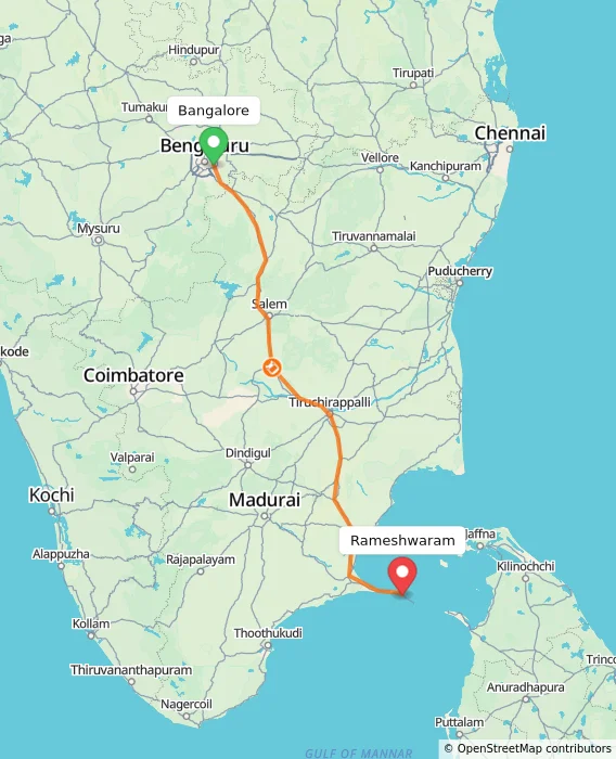 Route map showing distance and travel time from Bangalore, India to Rameshwaram, India