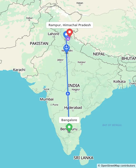 Route map showing distance and travel time from Bangalore, India to Rampur, Himachal Pradesh, India