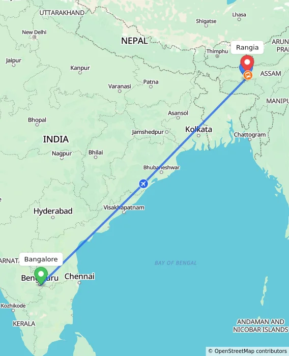 Route map showing distance and travel time from Bangalore, India to Rangia, India