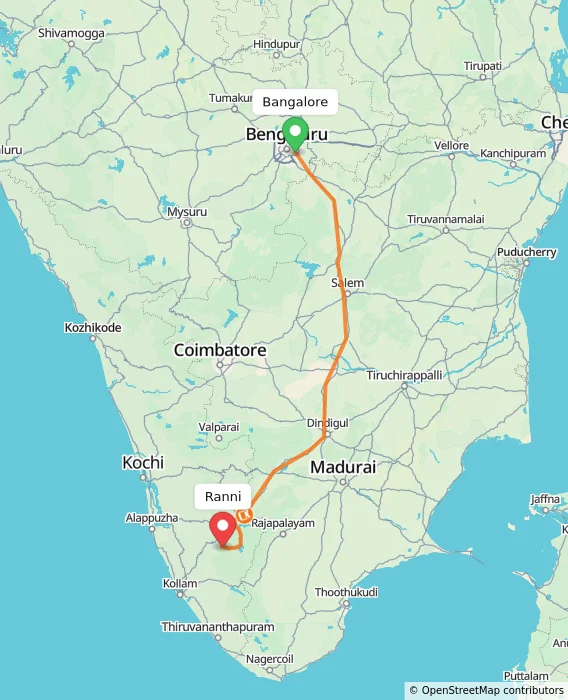 Route map showing distance and travel time from Bangalore, India to Ranni, India