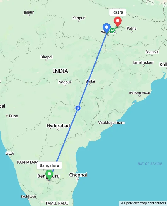 Route map showing distance and travel time from Bangalore, India to Rasra, India