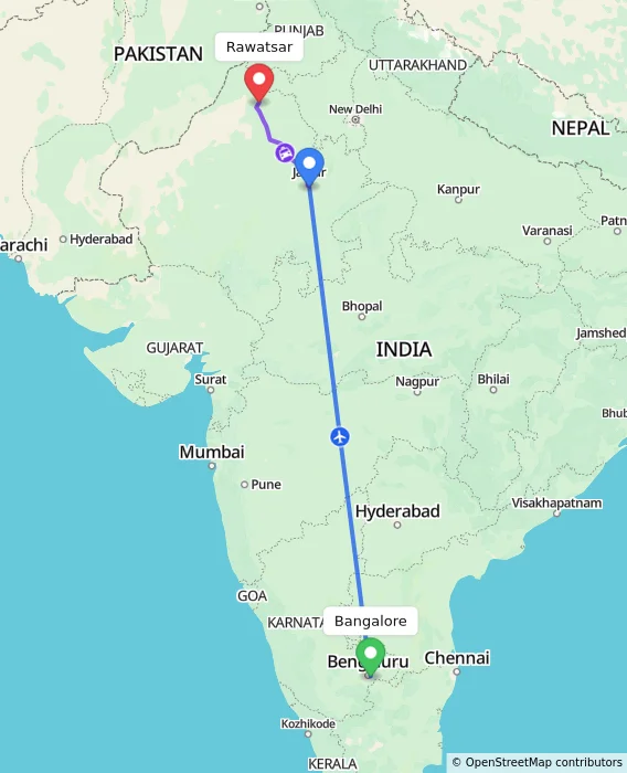 Route map showing distance and travel time from Bangalore, India to Rawatsar, India