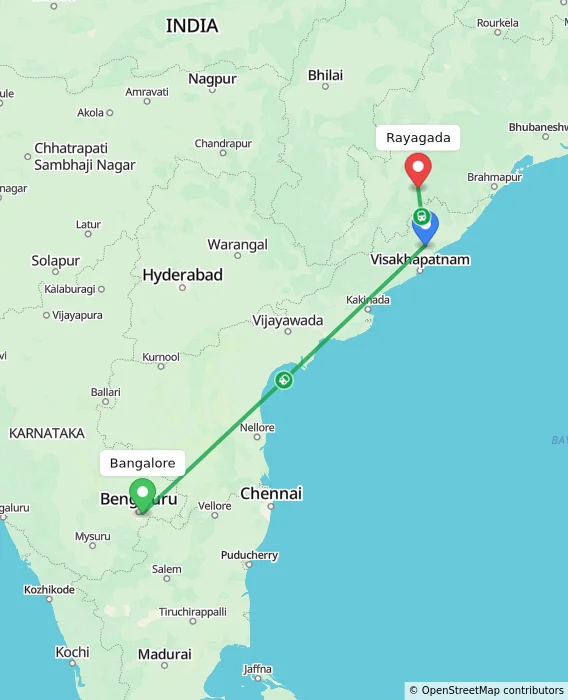 Route map showing distance and travel time from Bangalore, India to Rayagada, India