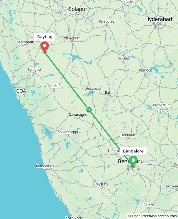 Route map showing distance and travel time from Bangalore, India to Raybag, India