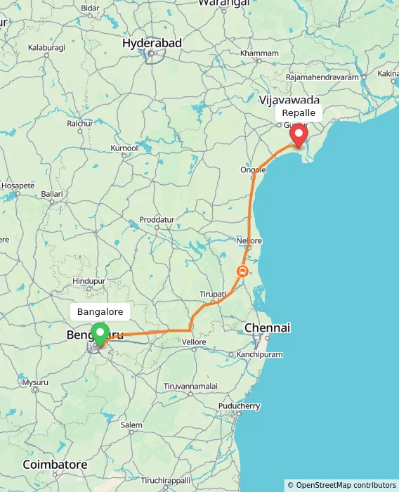 Route map showing distance and travel time from Bangalore, India to Repalle, India