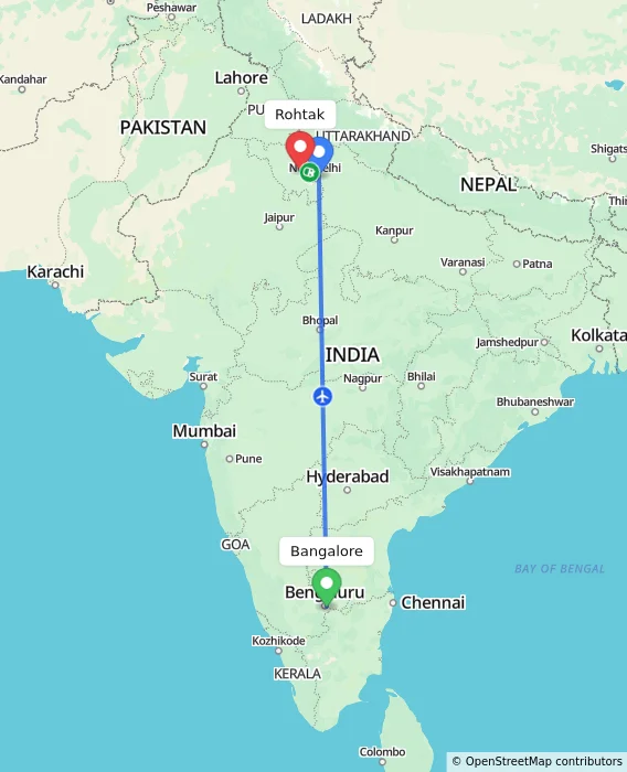 Route map showing distance and travel time from Bangalore, India to Rohtak, India