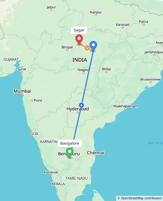 Route map showing distance and travel time from Bangalore, India to Sagar, India