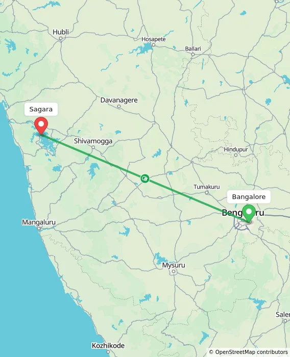 Route map showing distance and travel time from Bangalore, India to Sagara, India