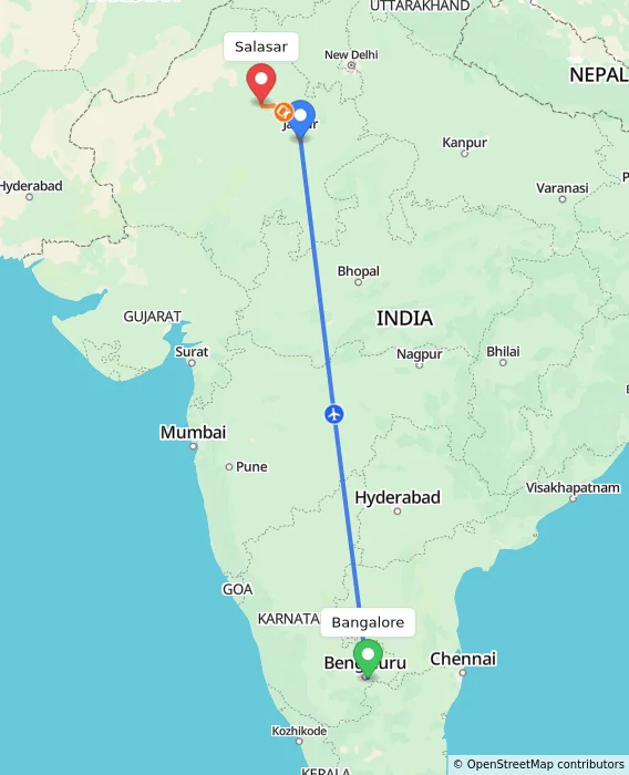 Route map showing distance and travel time from Bangalore, India to Salasar, India