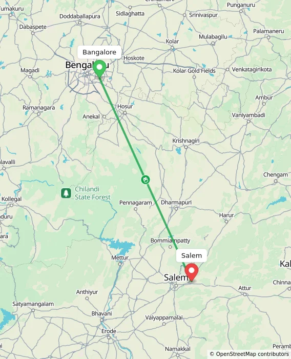 Route map showing distance and travel time from Bangalore, India to Salem, India