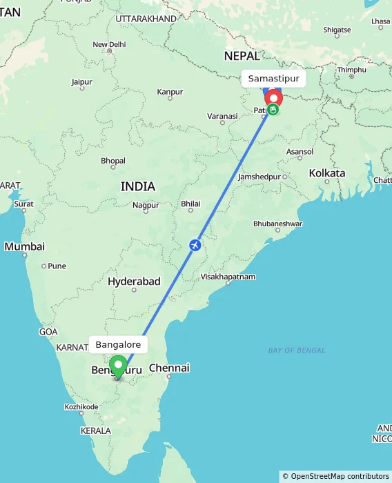 Route map showing distance and travel time from Bangalore, India to Samastipur, India