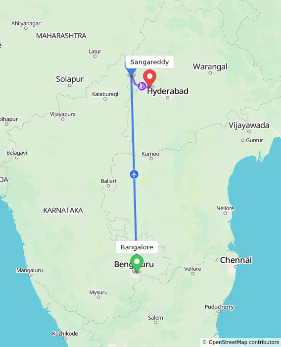 Route map showing distance and travel time from Bangalore, India to Sangareddy, India
