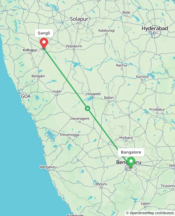 Route map showing distance and travel time from Bangalore, India to Sangli, India