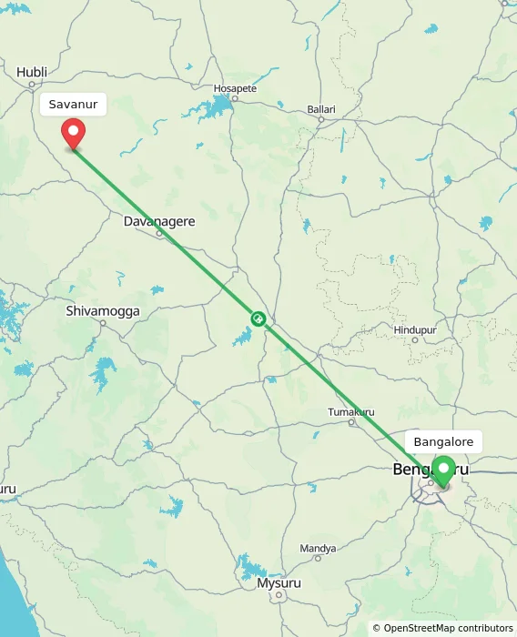 Route map showing distance and travel time from Bangalore, India to Savanur, India