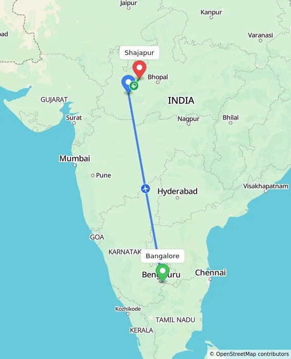 Route map showing distance and travel time from Bangalore, India to Shajapur, India