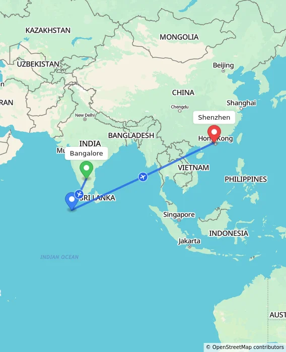 Route map showing distance and travel time from Bangalore, India to Shenzhen, China