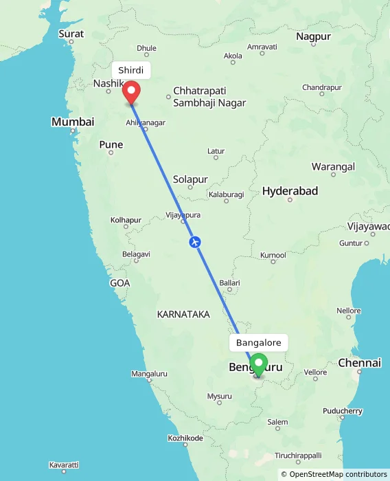 Route map showing distance and travel time from Bangalore, India to Shirdi, India