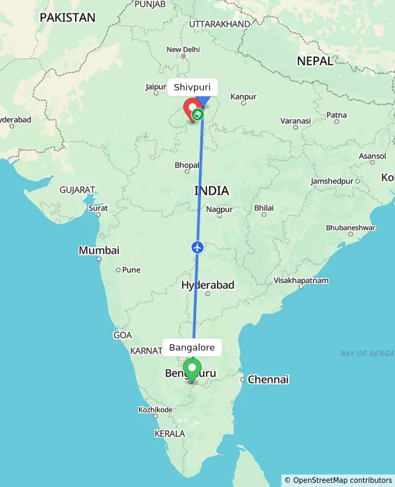 Route map showing distance and travel time from Bangalore, India to Shivpuri, India