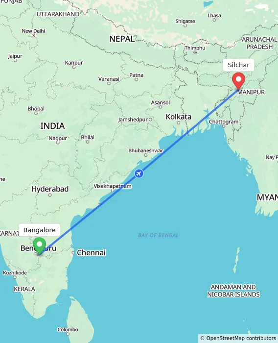 Route map showing distance and travel time from Bangalore, India to Silchar, India