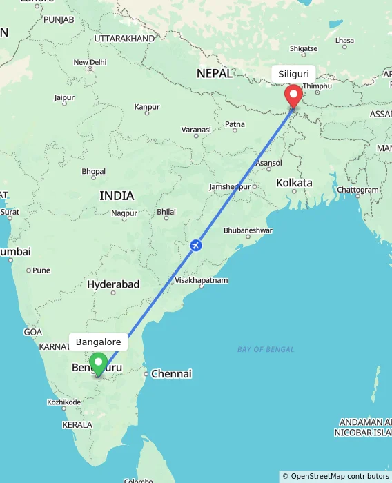 Route map showing distance and travel time from Bangalore, India to Siliguri, India
