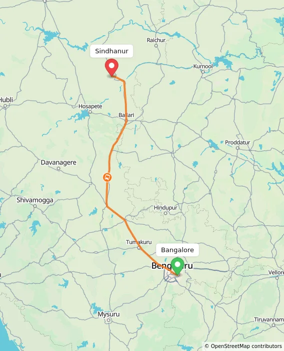 Route map showing distance and travel time from Bangalore, India to Sindhanur, India
