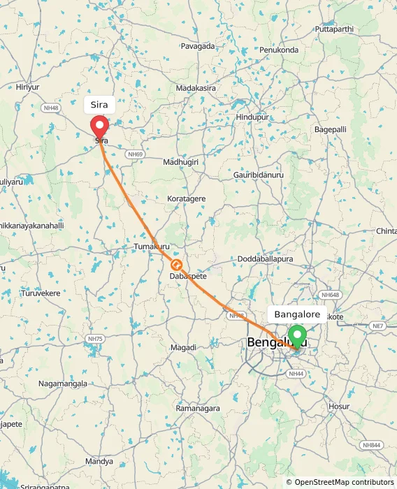 Route map showing distance and travel time from Bangalore, India to Sira, India