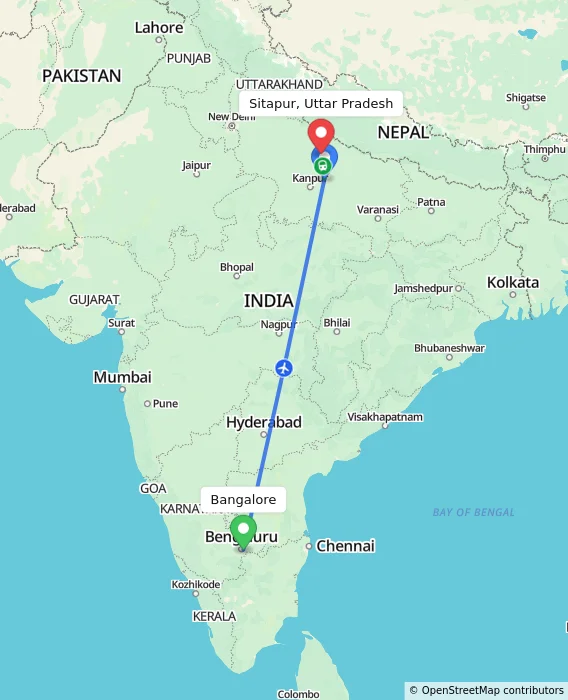 Route map showing distance and travel time from Bangalore, India to Sitapur, Uttar Pradesh, India