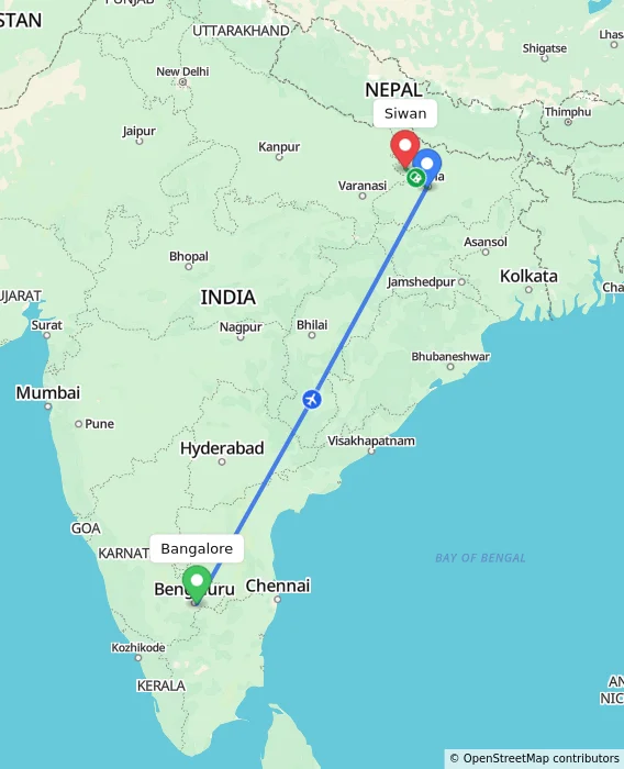 Route map showing distance and travel time from Bangalore, India to Siwan, India