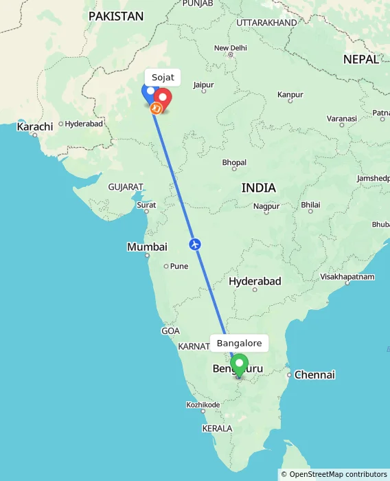 Route map showing distance and travel time from Bangalore, India to Sojat, India