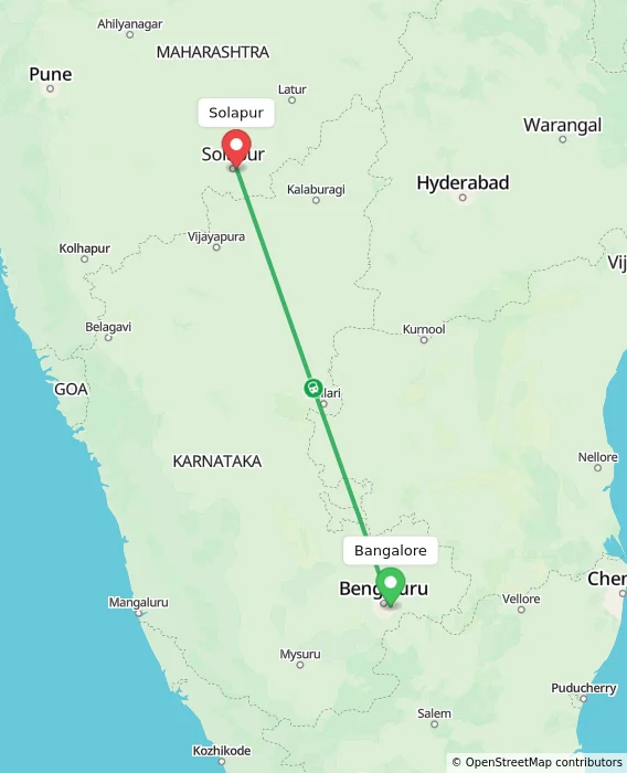 Route map showing distance and travel time from Bangalore, India to Solapur, India
