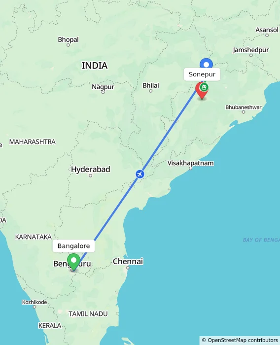 Route map showing distance and travel time from Bangalore, India to Sonepur, India
