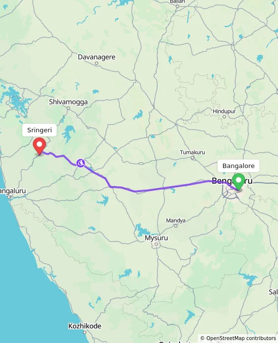 Route map showing distance and travel time from Bangalore, India to Sringeri, India