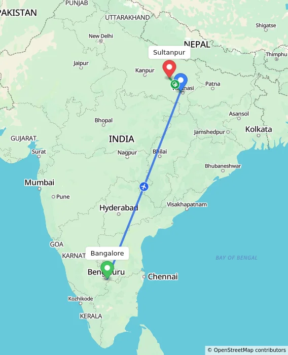 Route map showing distance and travel time from Bangalore, India to Sultanpur, India