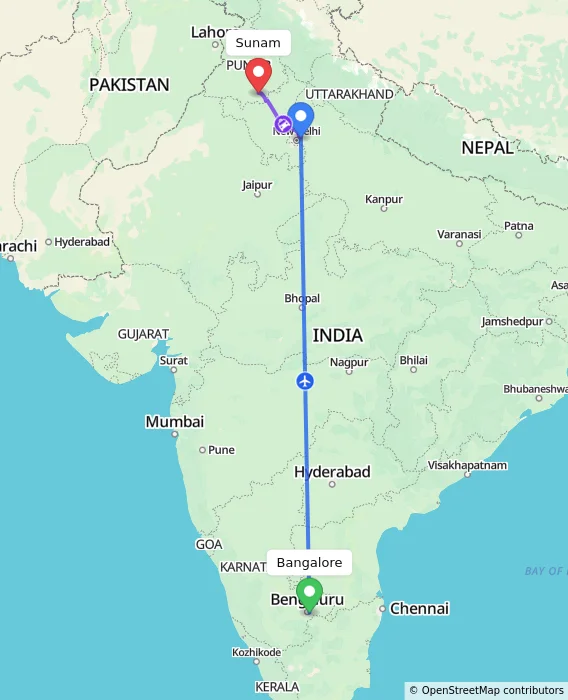 Route map showing distance and travel time from Bangalore, India to Sunam, India