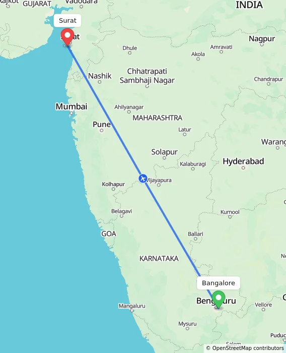Route map showing distance and travel time from Bangalore, India to Surat, India