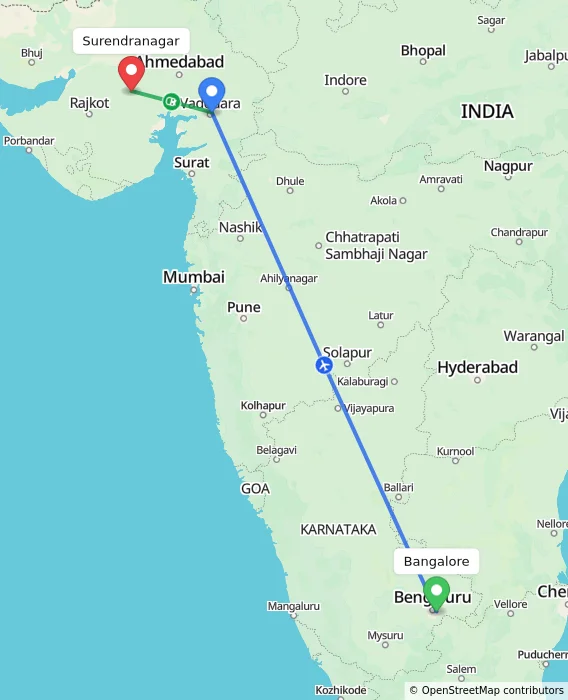 Route map showing distance and travel time from Bangalore, India to Surendranagar, India
