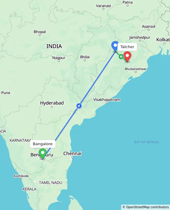 Route map showing distance and travel time from Bangalore, India to Talcher, India
