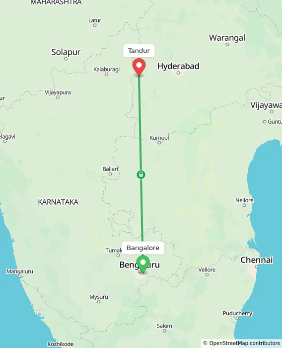 Route map showing distance and travel time from Bangalore, India to Tandur, India